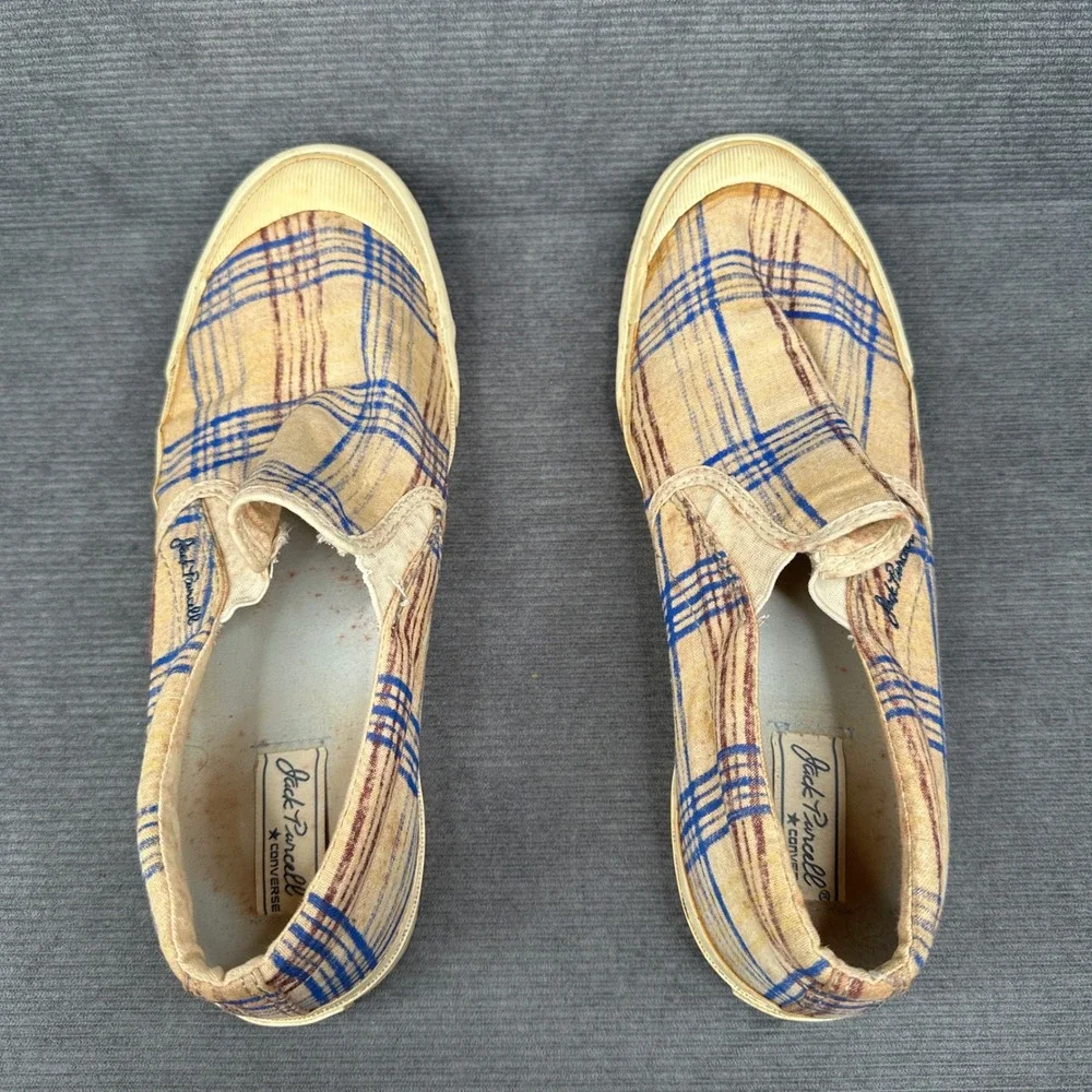 Converse Jack Purcell Mens 10 Slip On Plaid Tan Blue Textile Sneakers 1Q2811